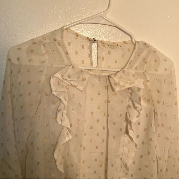 Copper Key Ruffle Blouse White Gold Metallic Squares - Picture 2 of 11